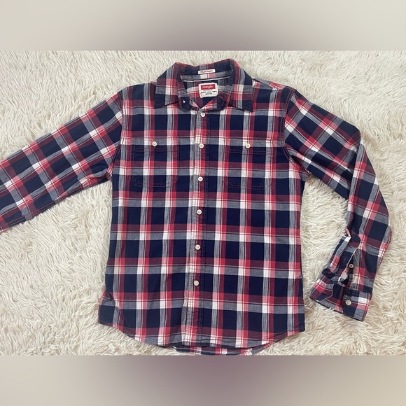 M Wrangler Button Long Sleeve Shirt Red White‎ Blue Colorblock Plaid Western USA - Picture 1 of 12